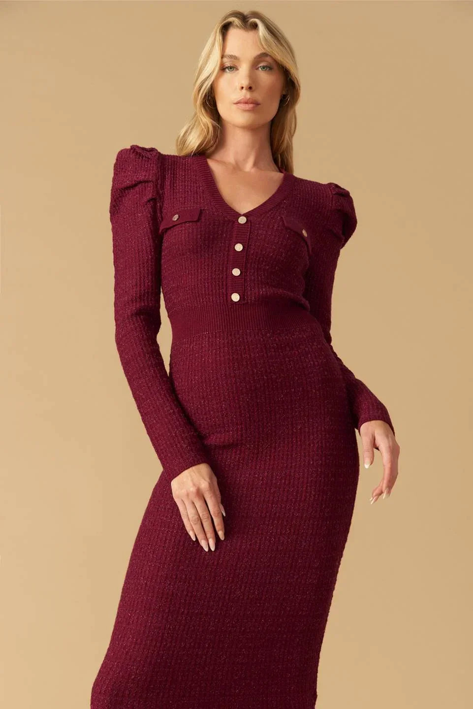 YOUNG LOVE - BURGUNDY - PUFF SLEEVE SWEATER DRESS - FINAL SALE