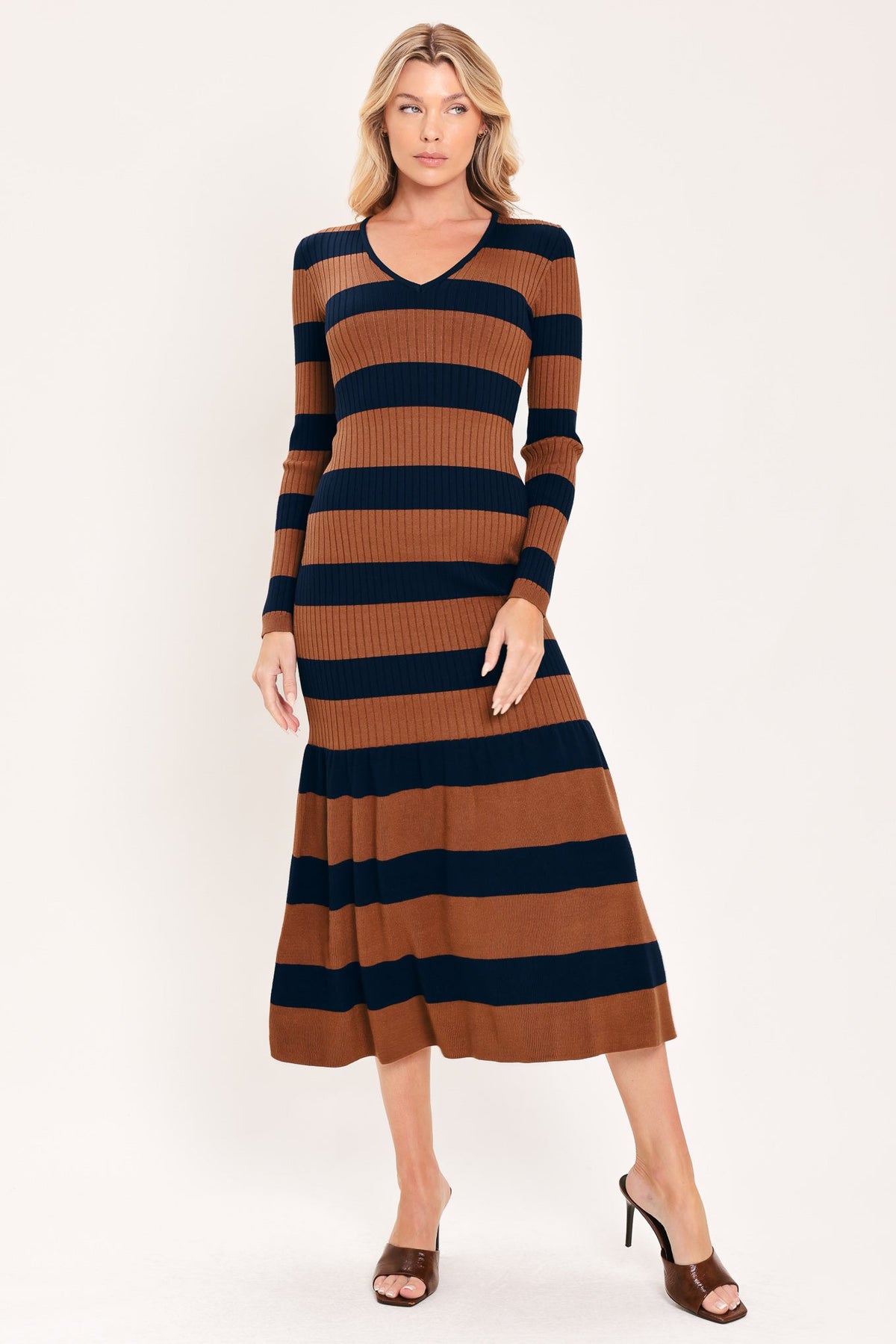 ISW5485 NAVY RUST _ Cognac Navy Rhythm Sweater Knit Midi Mermaid Dress | Lady Black Tie