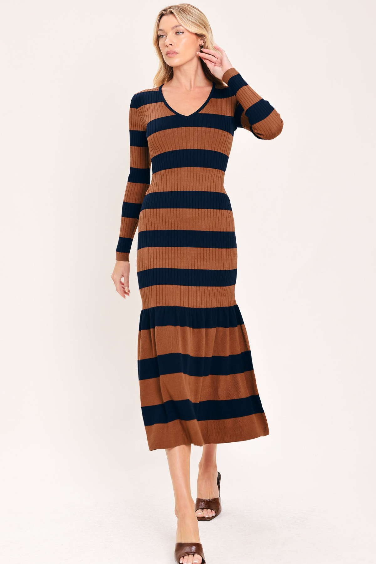ISW5485 NAVY RUST _ Cognac Navy Rhythm Sweater Knit Midi Mermaid Dress | Lady Black Tie