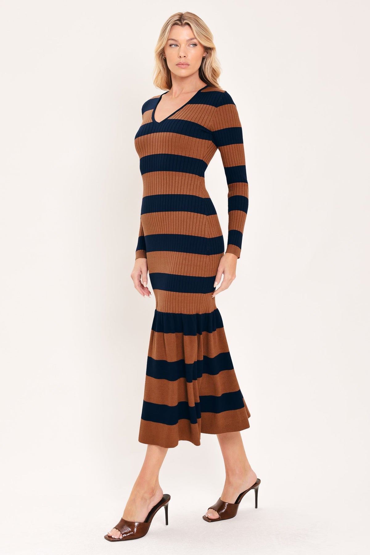 ISW5485 NAVY RUST _ Cognac Navy Rhythm Sweater Knit Midi Mermaid Dress | Lady Black Tie