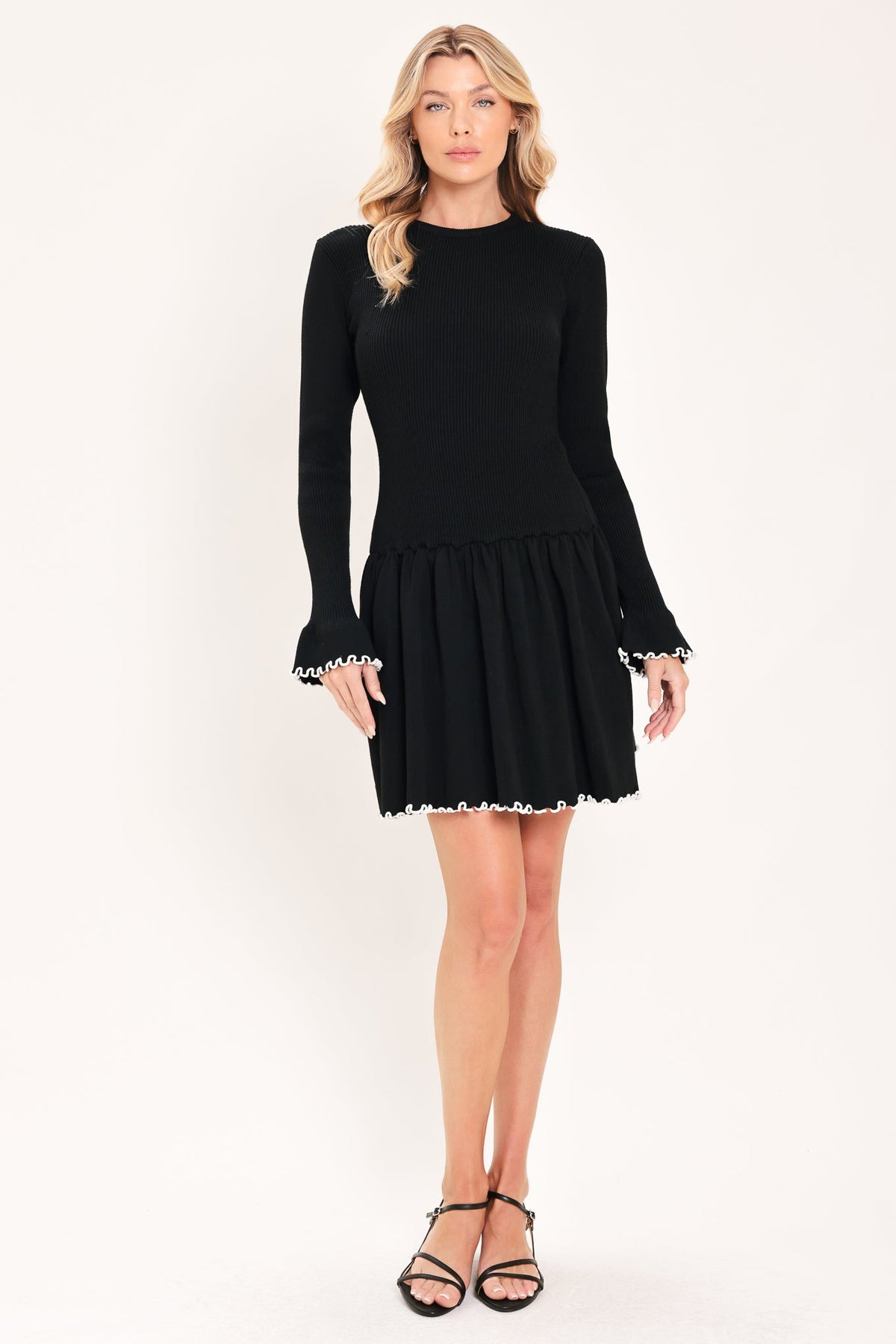 ISW5486 BLACK WHITE - Noir Trim Sweetheart Sweater Mini Dress | Lady Black Tie