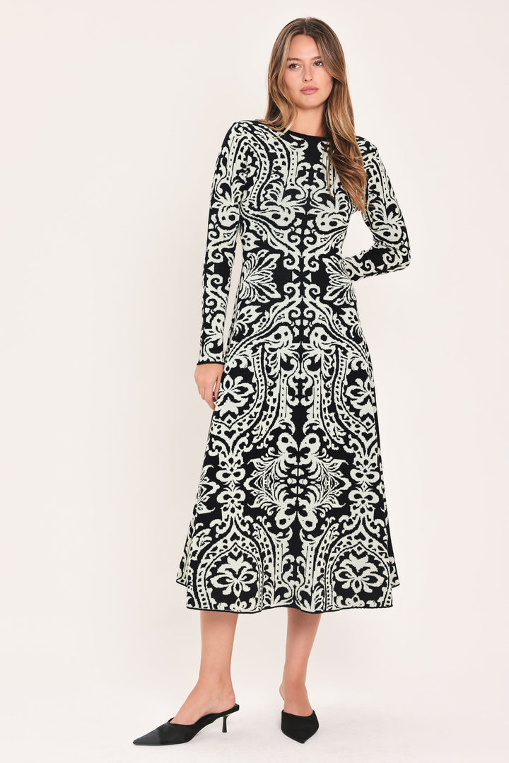 Black and White Damask Jacquard Sweater Midi Dress