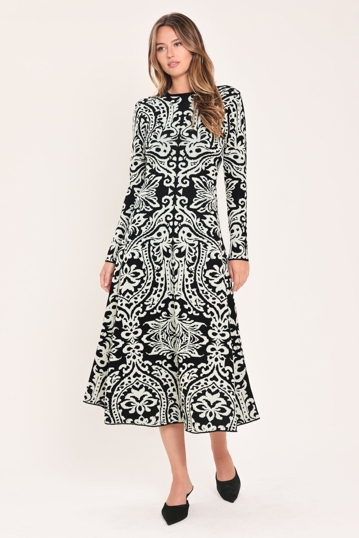 Black and White Damask Jacquard Sweater Midi Dress in Black, alternate view | Lady Black Tie