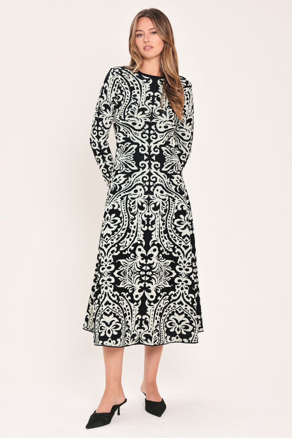 Black and White Damask Jacquard Sweater Midi Dress in Black, alternate view | Lady Black Tie