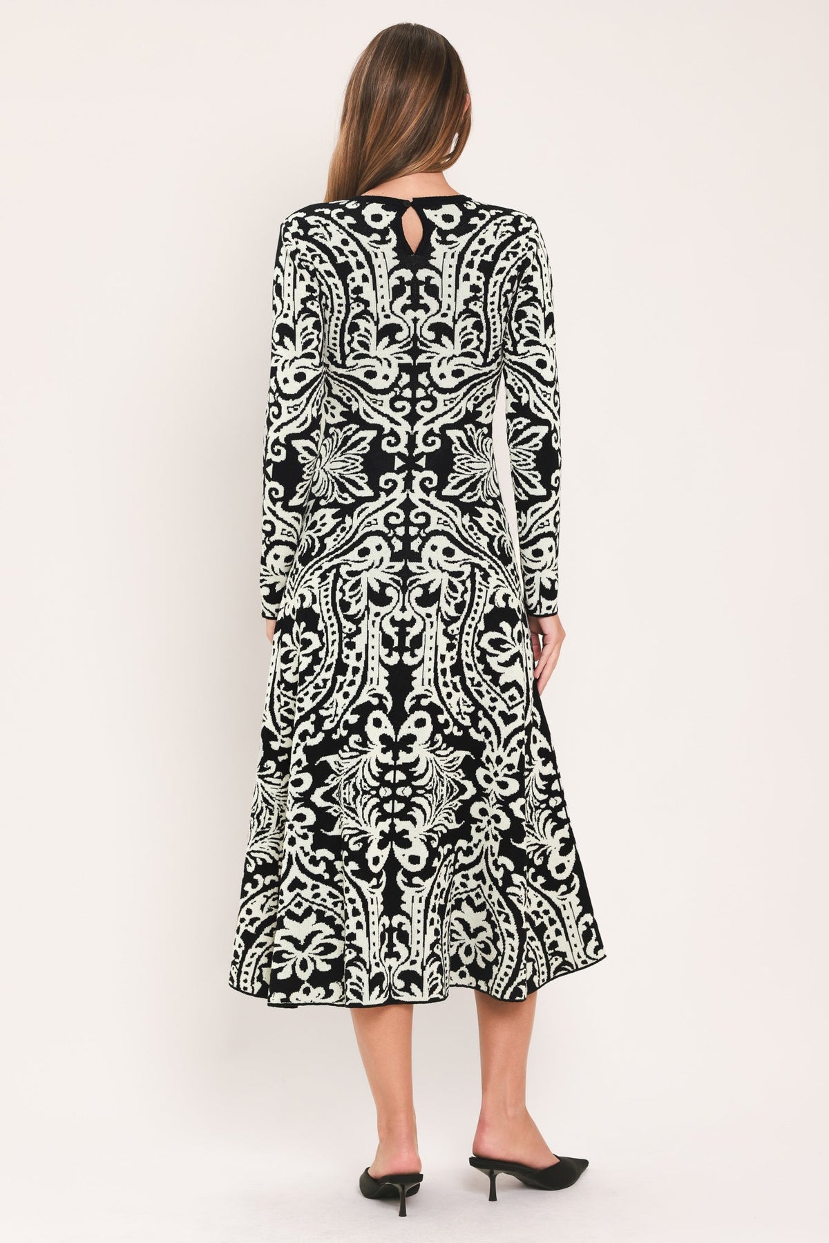 Black and White Damask Jacquard Sweater Midi Dress in Black, alternate view | Lady Black Tie