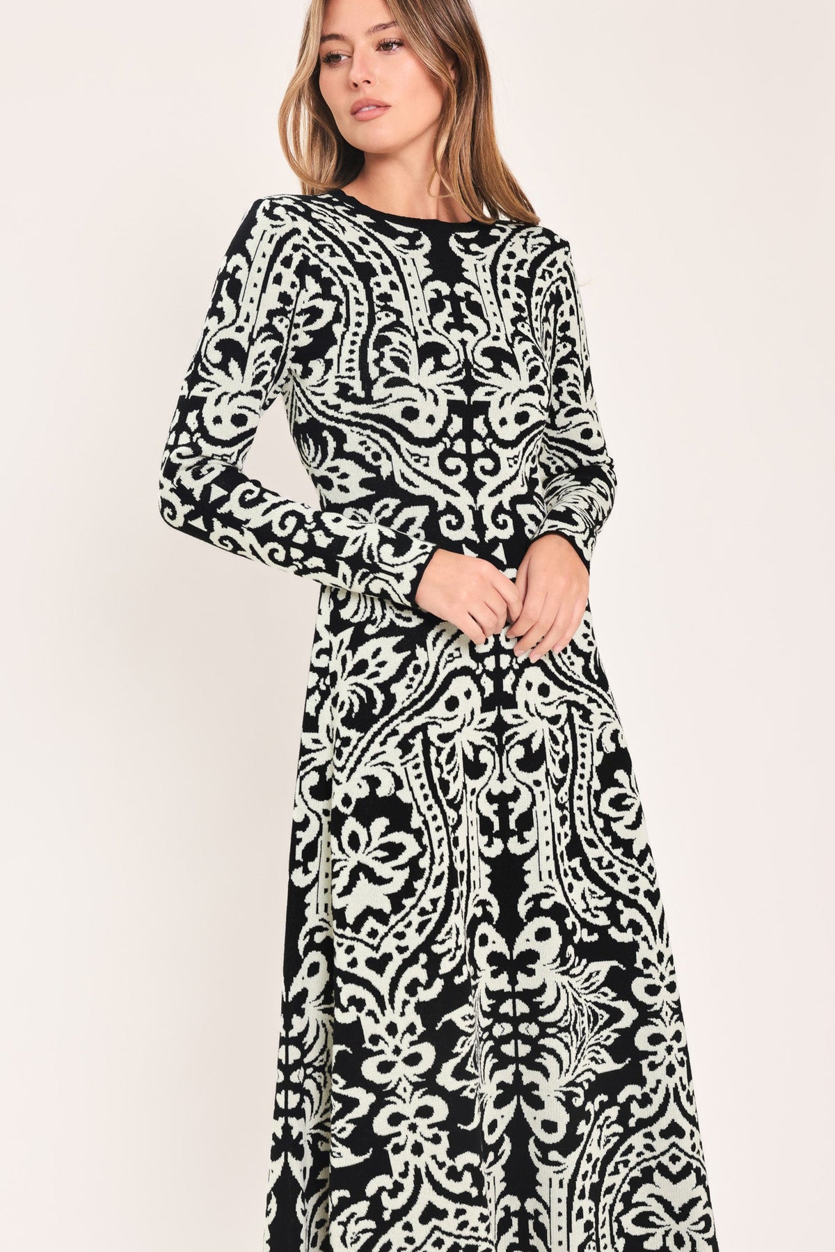 Black and White Damask Jacquard Sweater Midi Dress in Black, alternate view | Lady Black Tie