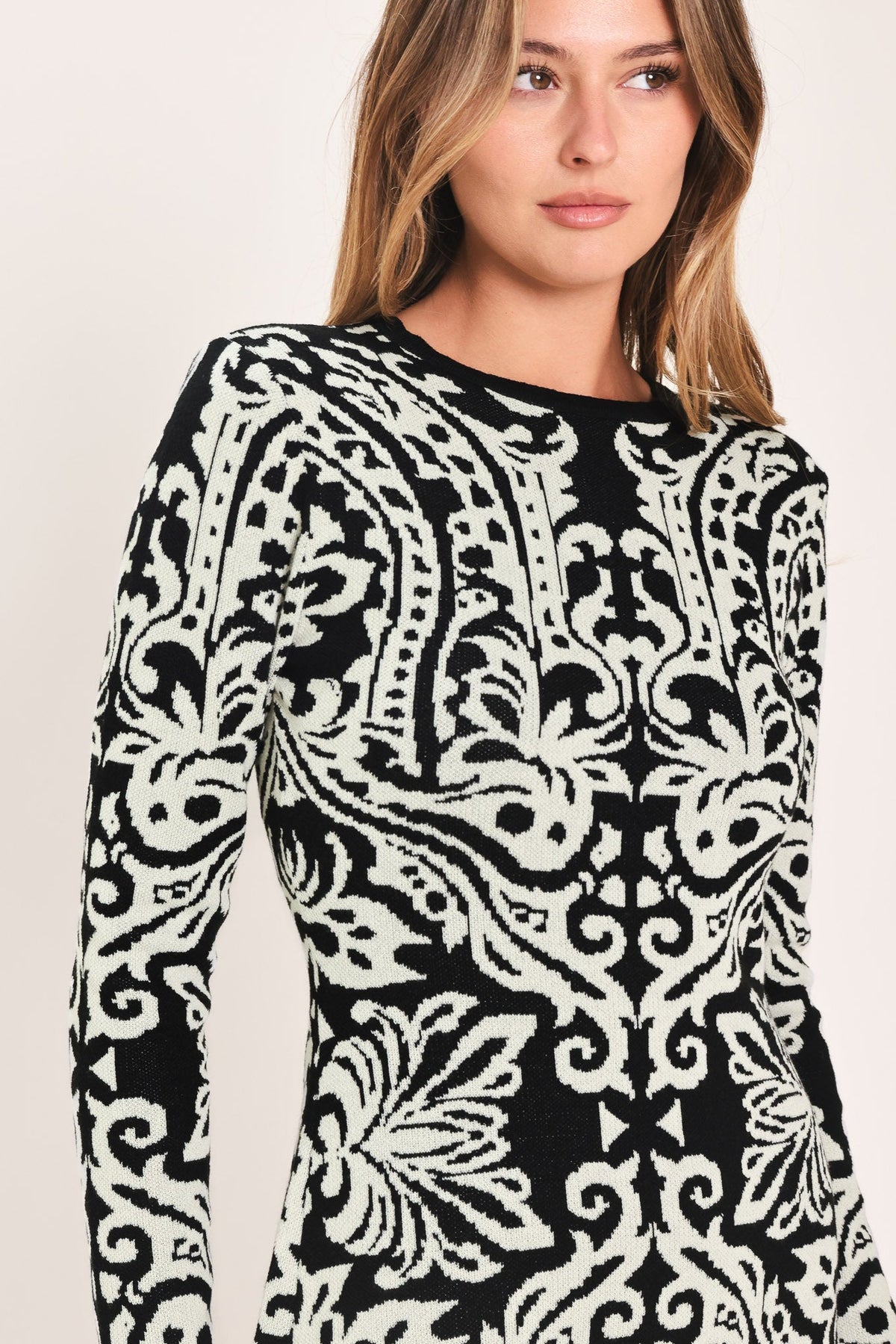Black and White Damask Jacquard Sweater Midi Dress in Black, alternate view | Lady Black Tie