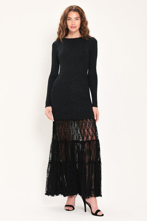 Black Metallic Sweater Knit Lace Hem Maxi Dress in Black Metallic, front view | Lady Black Tie