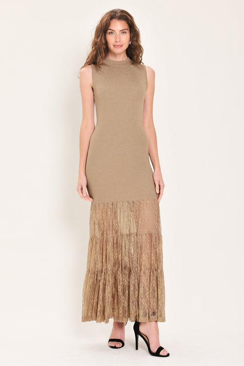 Gold Metallic Sweater Knit Lace Tier Maxi Dress in Gold Metallic, front view | Lady Black Tie