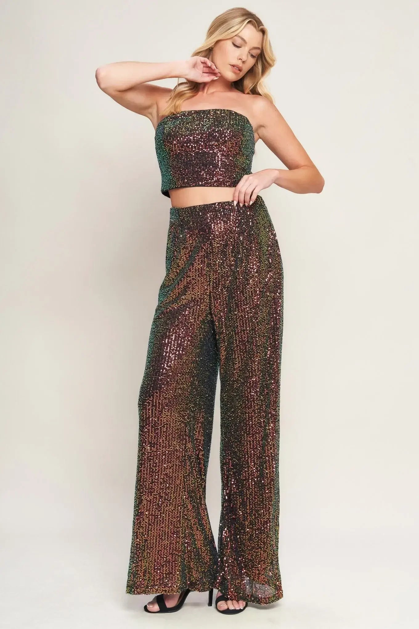 CHARMING COMPOSURE SEQUIN CROP TOP & PANT SET