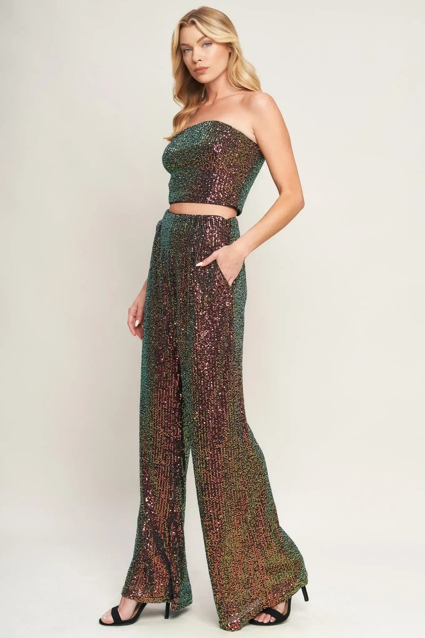 CHARMING COMPOSURE SEQUIN CROP TOP & PANT SET
