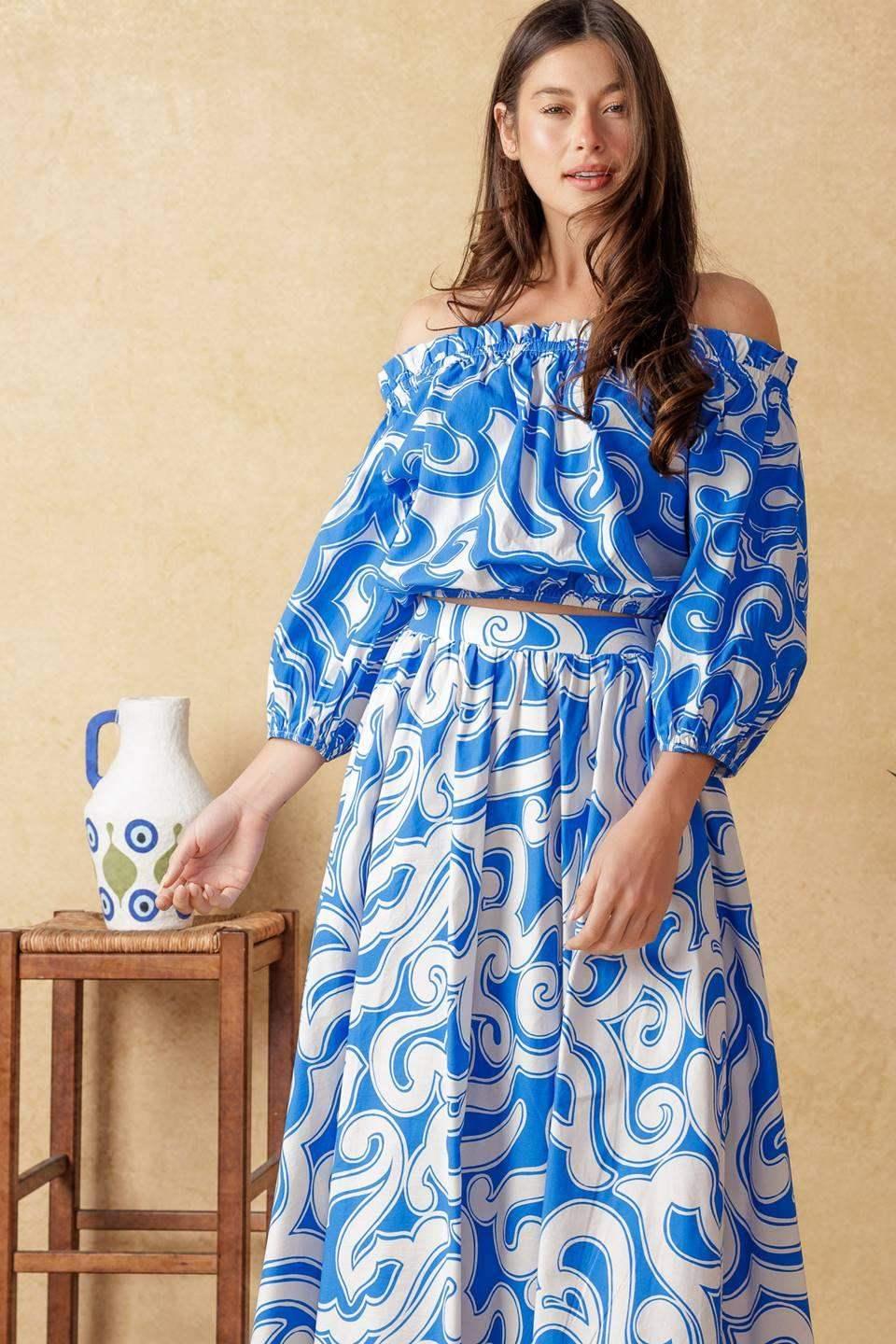 BEACH DAY TOP & SKIRT SET - BLUE & WHITE