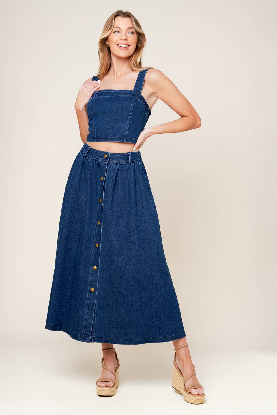 SIMPLY THE VIBE - DENIM CROP TOP & SKIRT SET MEDIUM INDIGO / L SIMPLY THE VIBE - DENIM CROP TOP & SKIRT SET MEDIUM INDIGO / L