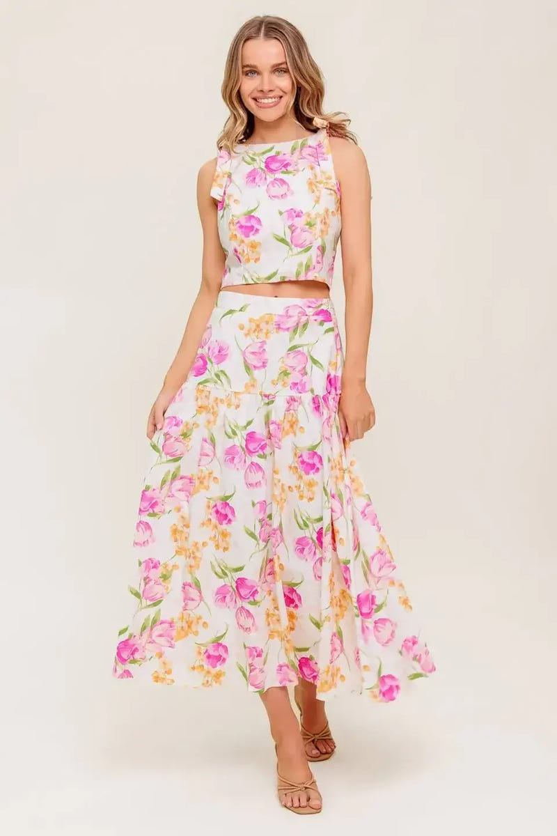 PINK TULIP GARDEN - TOP & MIDI SKIRT SET