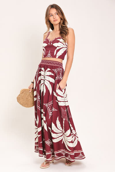 PARADISE CHARM BURGUNDY TOP & SKIRT SET