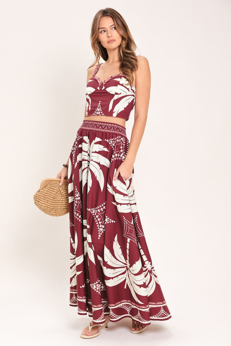 PARADISE CHARM BURGUNDY TOP & SKIRT SET