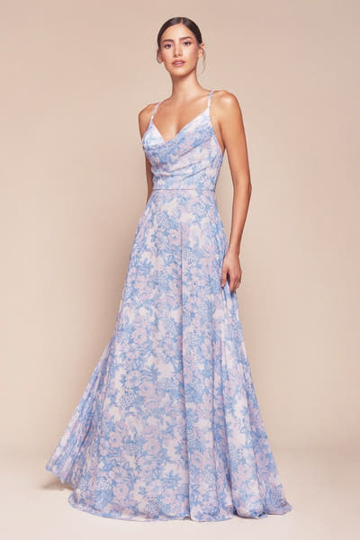 IRIS GOWN - BLUE - A-LINE SOFT CHIFFON PRINT DRESS - FINAL SALE