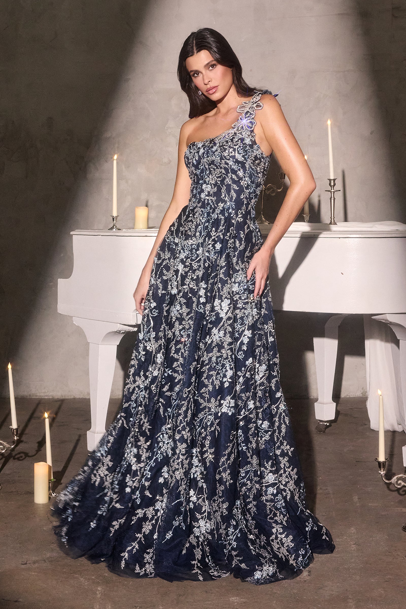 June A-line Gown - One Shoulder Floral Appliqué Evening Dress
