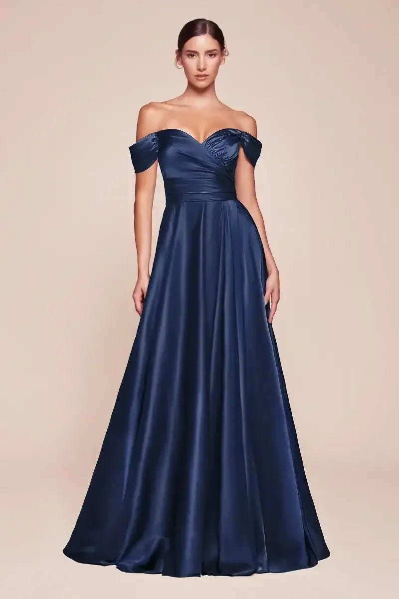 JILLIAN GOWN - NAVY - A-LINE SOFT SATIN OFF THE SHOULDER DRESS