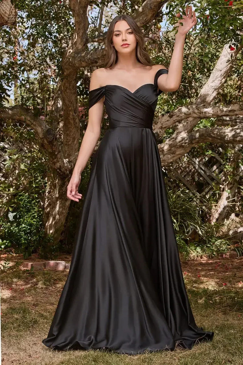 JILLIAN GOWN - BLACK - A-LINE SOFT SATIN OFF THE SHOULDER DRESS