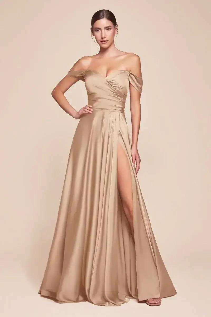 JILLIAN GOWN - CHAMPAGNE GOLD - A-LINE SOFT SATIN OFF THE SHOULDER DRESS