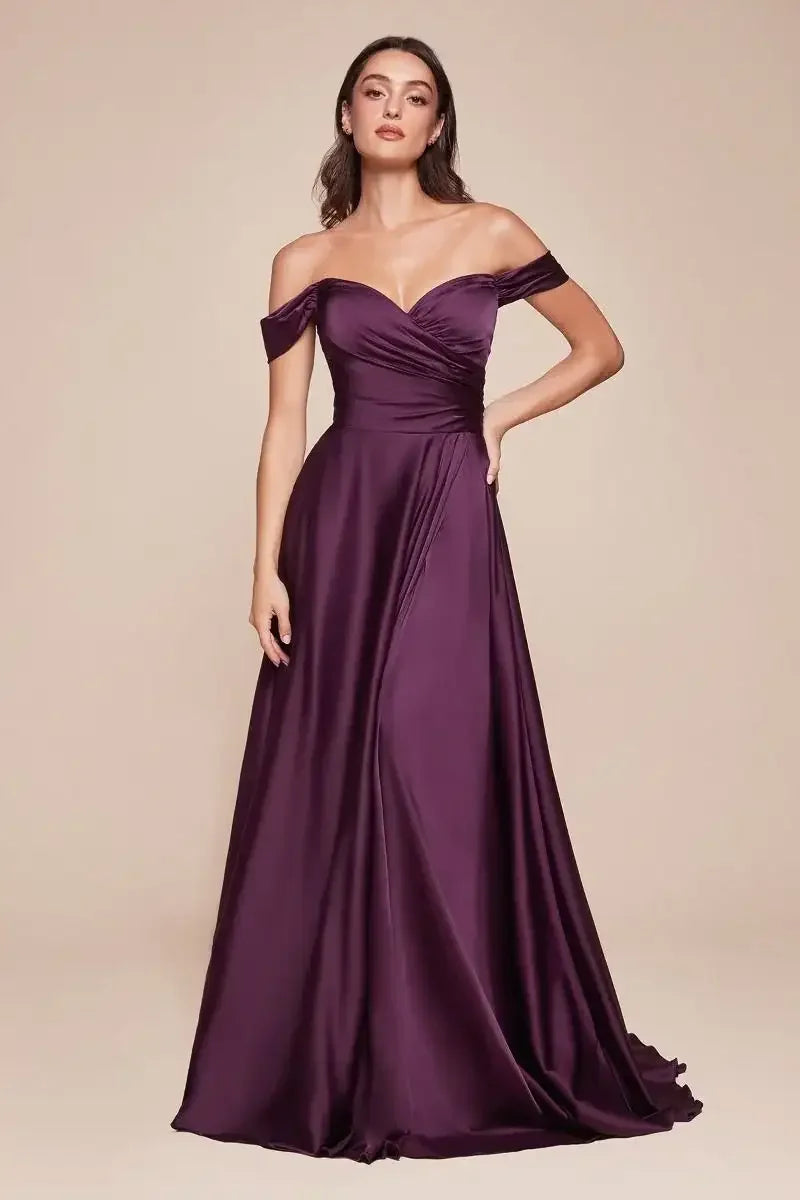 JILLIAN GOWN - EGGPLANT - A-LINE SOFT SATIN OFF THE SHOULDER DRESS