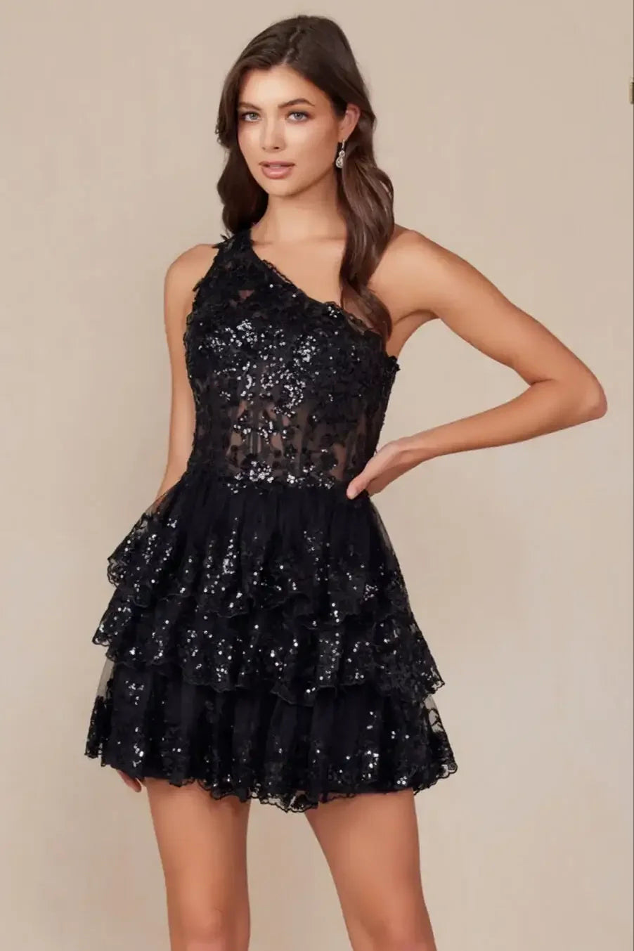 CHRISTIE MINI DRESS - BLACK - ONE SHOULDER TIERED SHORT DRESS