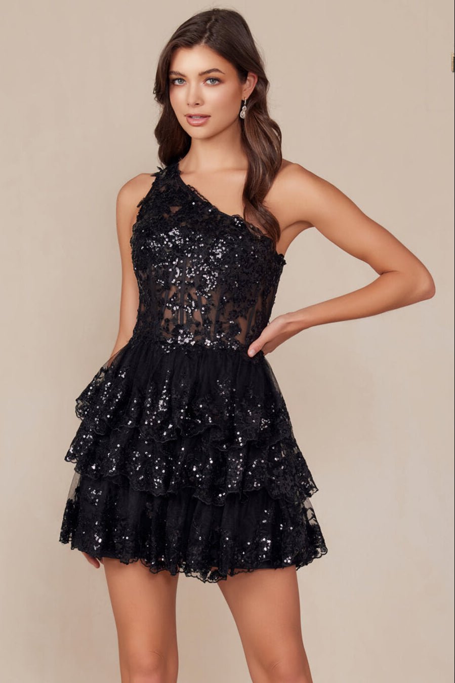 CHRISTIE MINI DRESS - BLACK - ONE SHOULDER TIERED SHORT DRESS