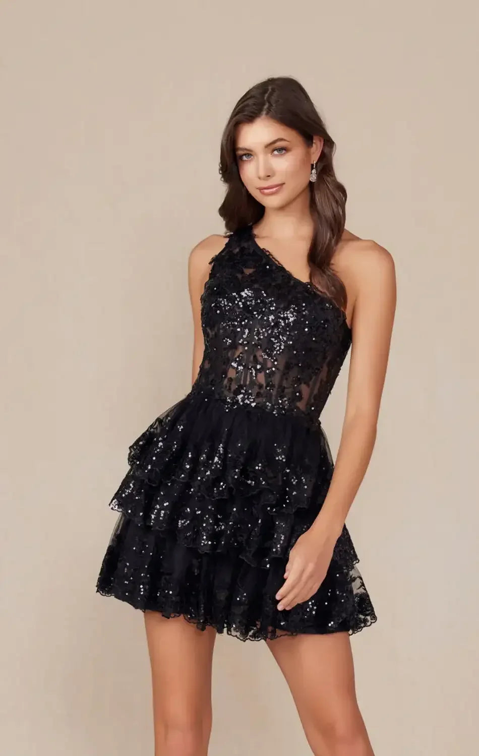 CHRISTIE MINI DRESS - BLACK - ONE SHOULDER TIERED SHORT DRESS