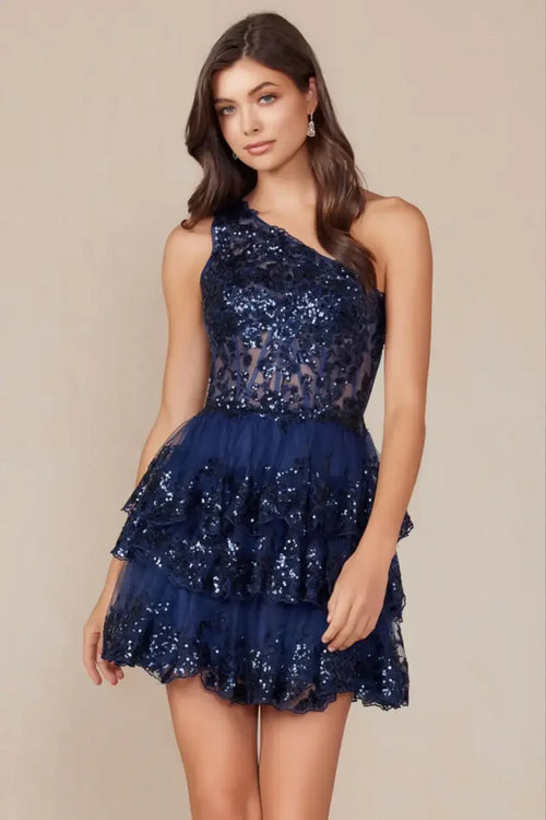CHRISTIE MINI DRESS - NAVY BLUE - ONE SHOULDER TIERED SHORT DRESS