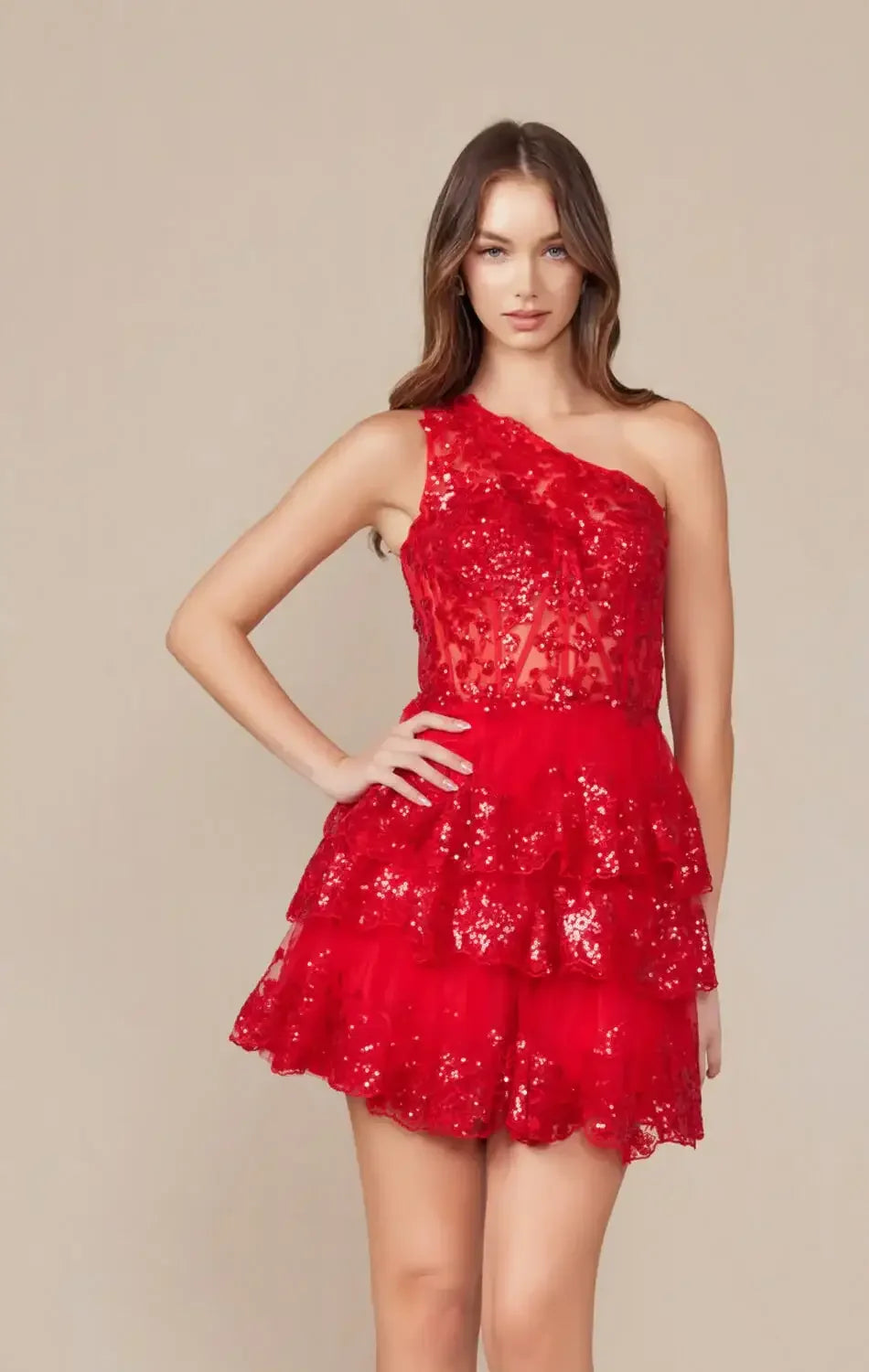 CHRISTIE MINI DRESS - RED - ONE SHOULDER TIERED SHORT DRESS