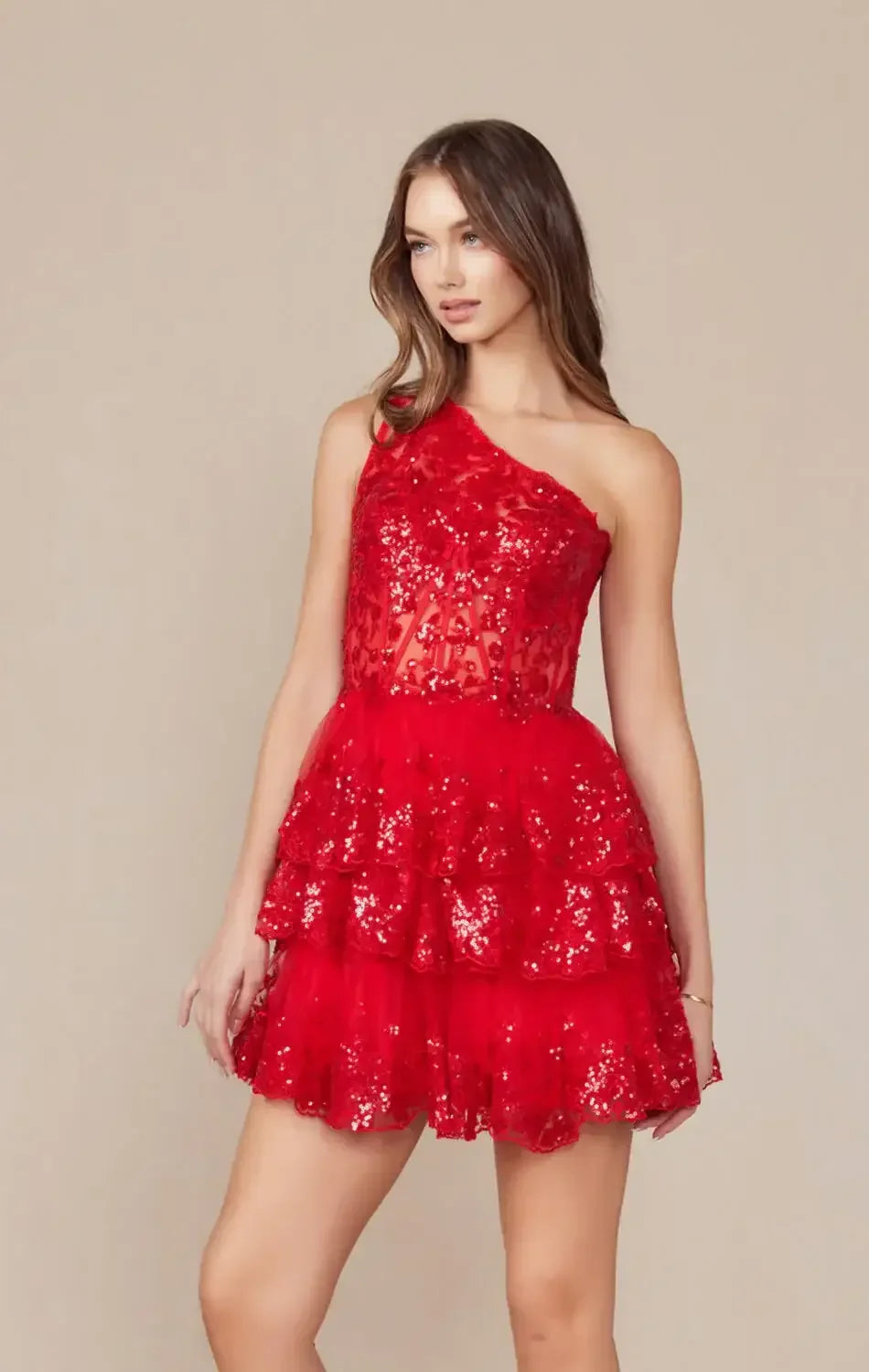 CHRISTIE MINI DRESS - RED - ONE SHOULDER TIERED SHORT DRESS