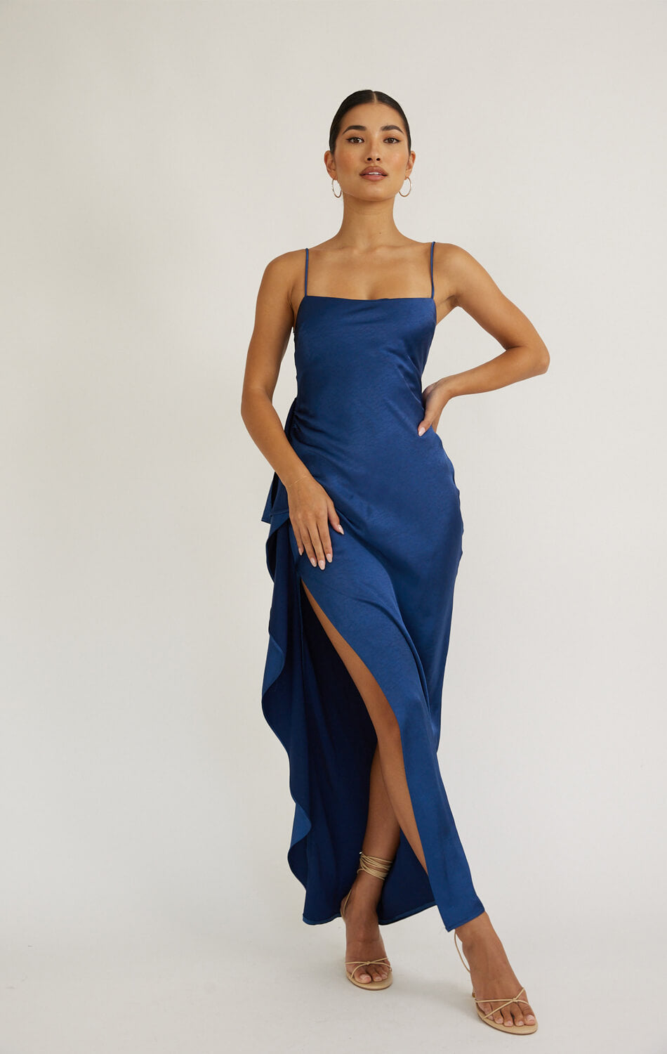 blue tight maxi dress Blue Strap Bodycon Maxi Dress with Metal Buckles Evening Dress Electric Sapphire / L