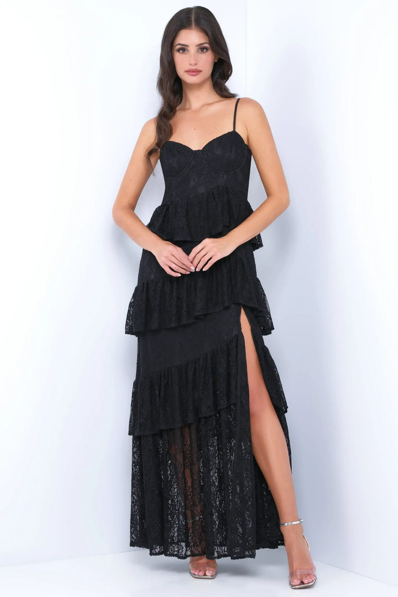 Vanna Lace Tiered Maxi Dress - Black