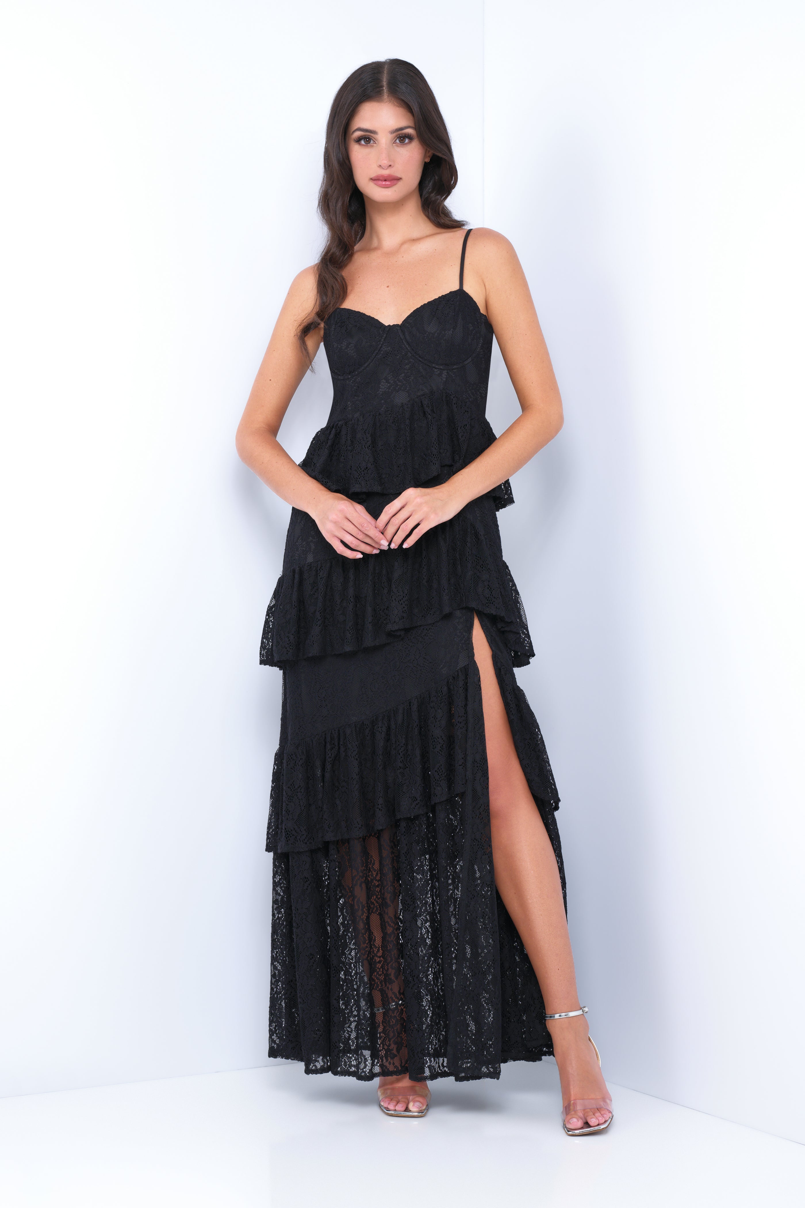 Velvi - Vanna Lace Tiered Maxi Dress - Black - Size M Velvi - Vanna Lace Tiered Maxi Dress - Black - Size M