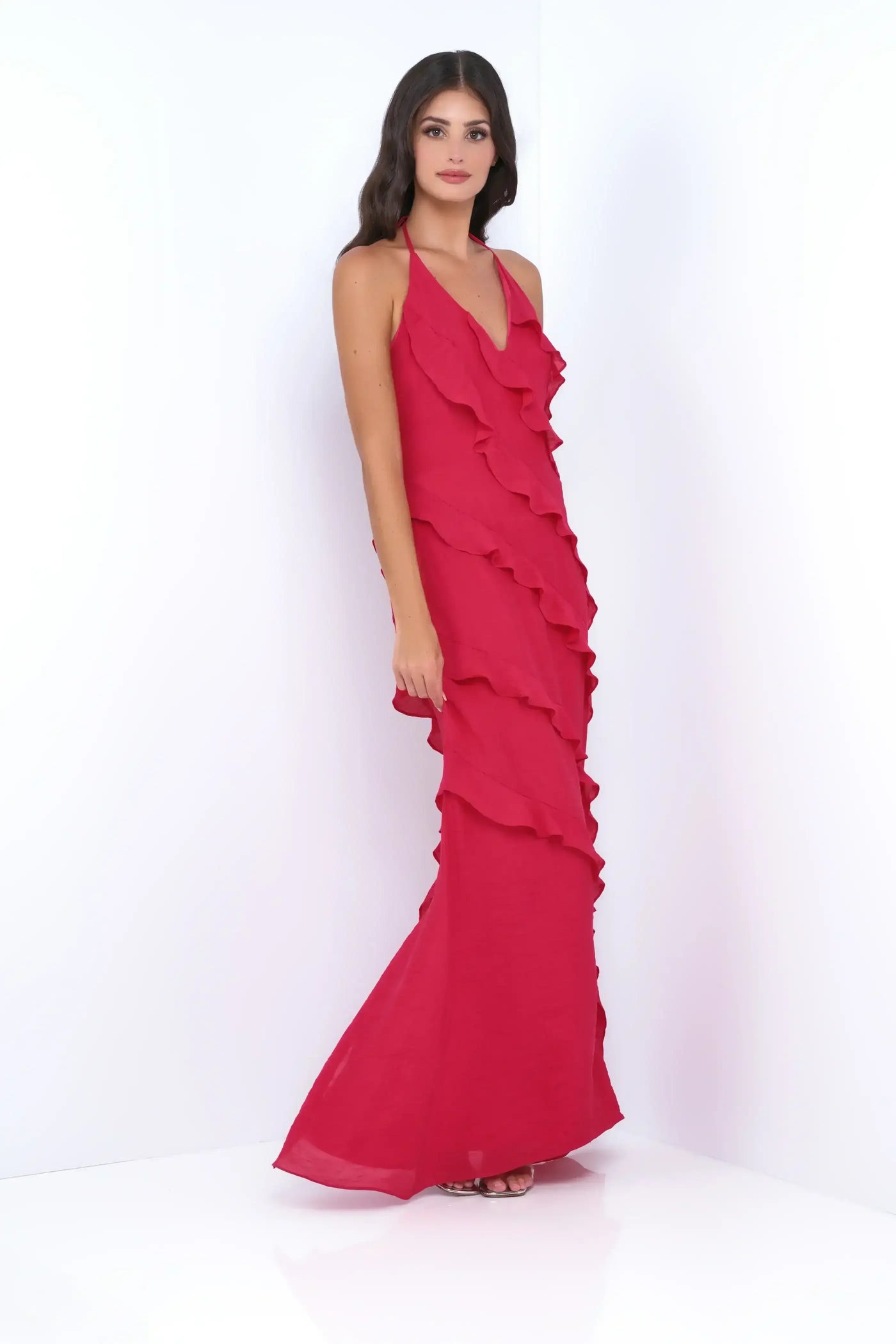 Remi Red Maxi Dress - Halter Neck, Open Back, Ruffle Detail