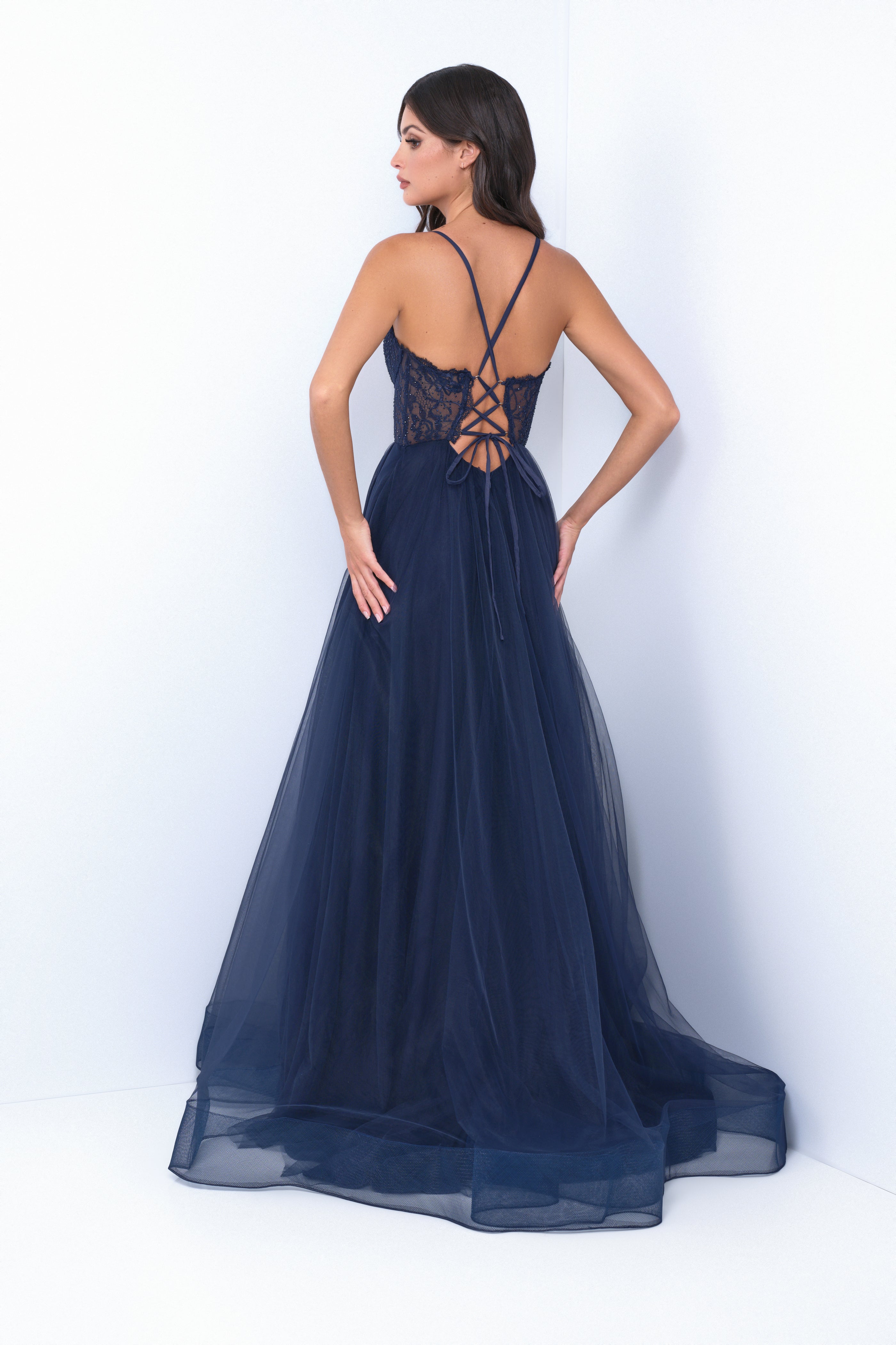 Dani Gown in Navy Tulle A-Line Lace Prom Dress | Lady Black Tie XL Dani Gown in Navy Tulle A-Line Lace Prom Dress | Lady Black Tie XL