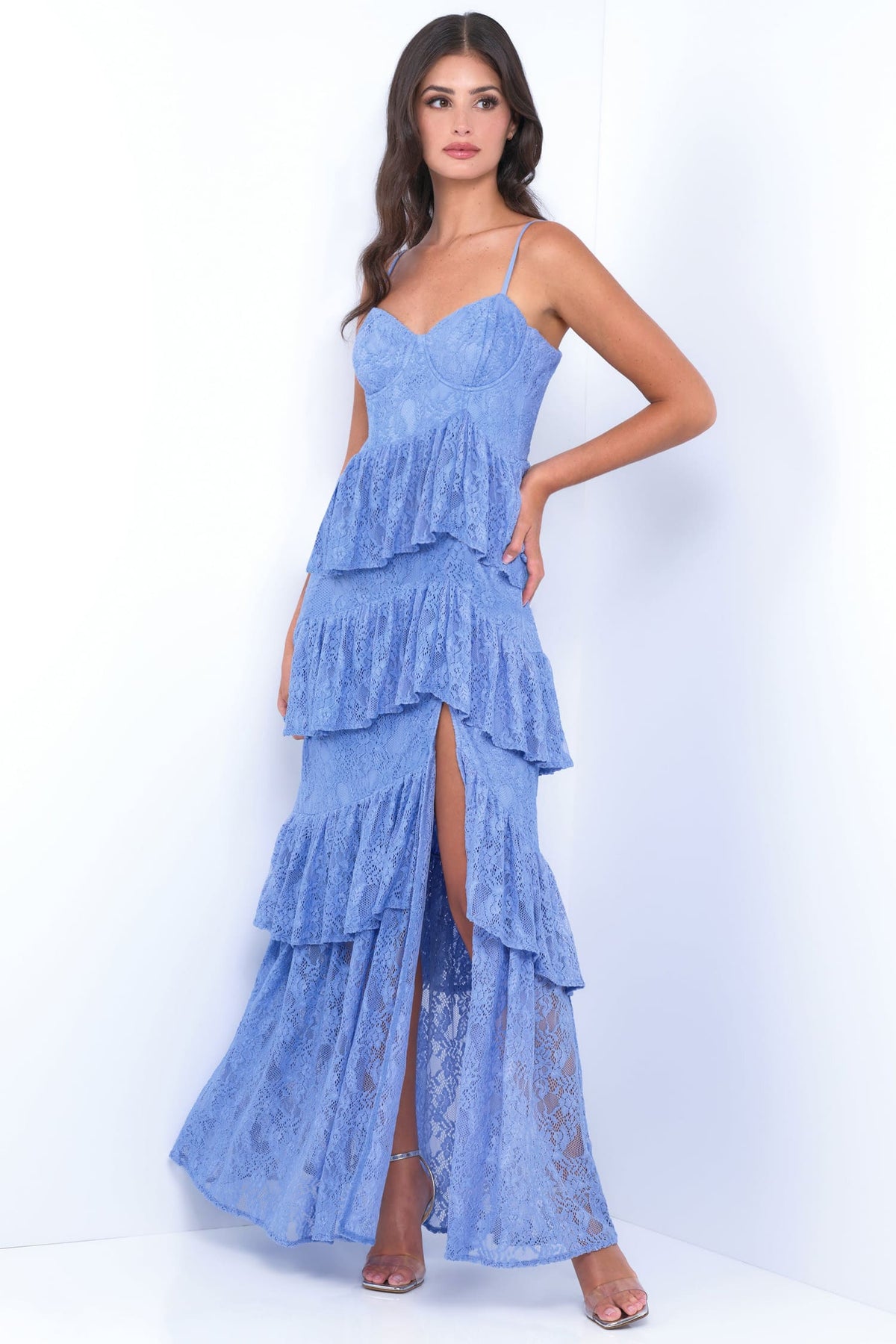 Ruffled Tiered Long Lace Prom Dress with Side Slit Periwinkle / XSmall