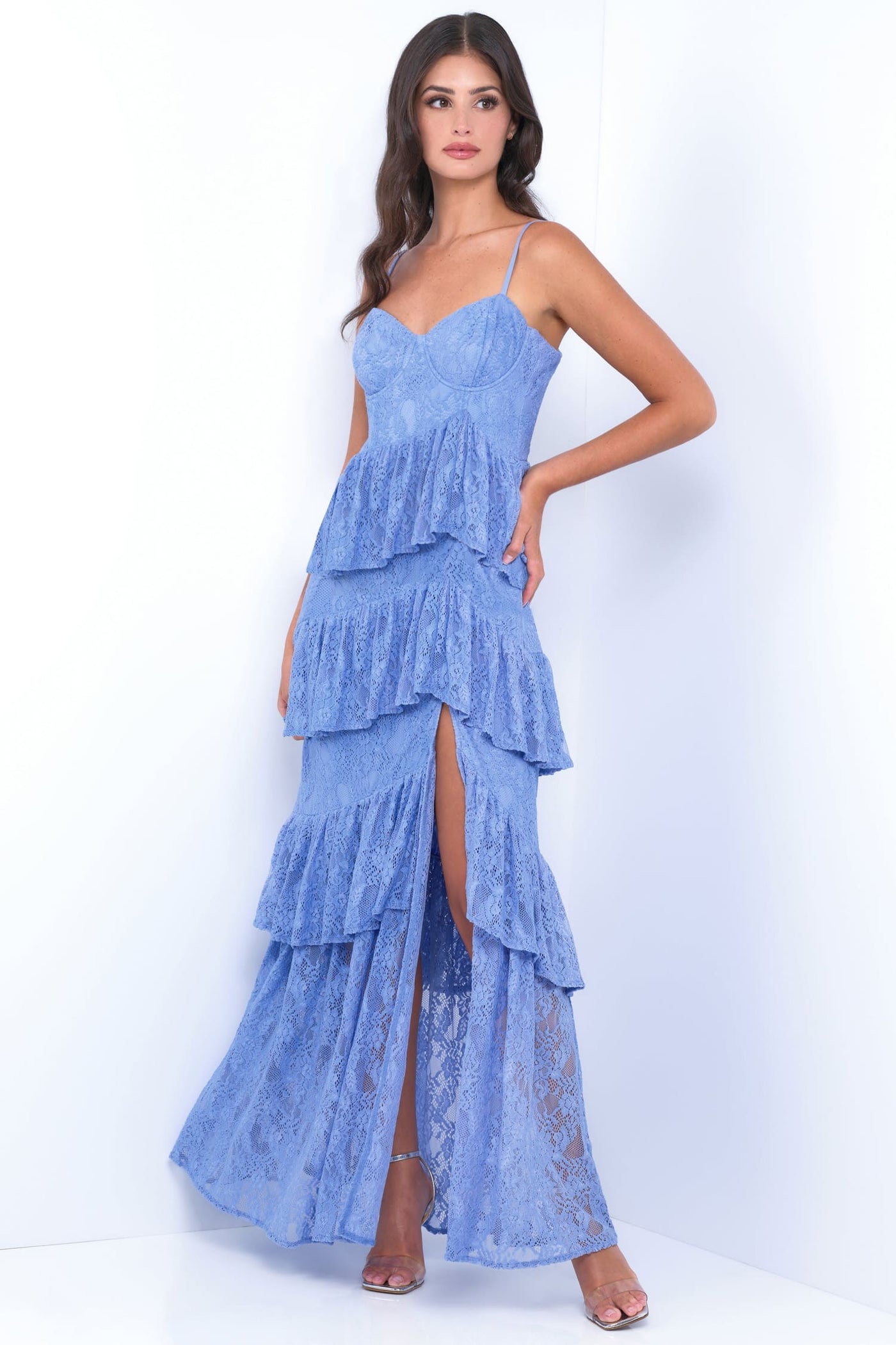 Ruffled Tiered Long Lace Prom Dress with Side Slit Periwinkle / XSmall