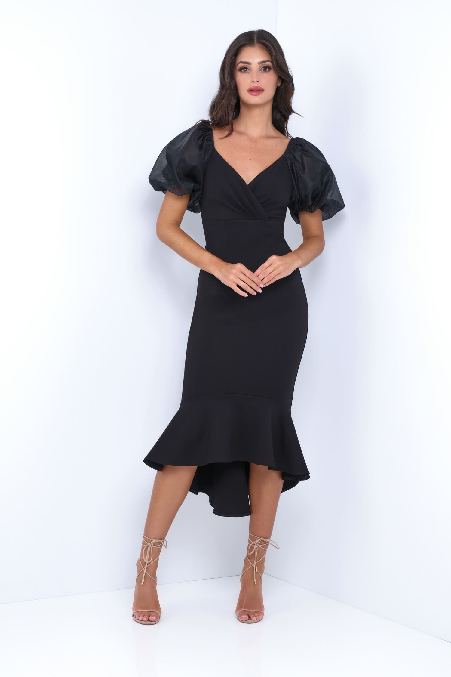 Semi-Formal Midi Party Dress with Short Sleeves Black / 14