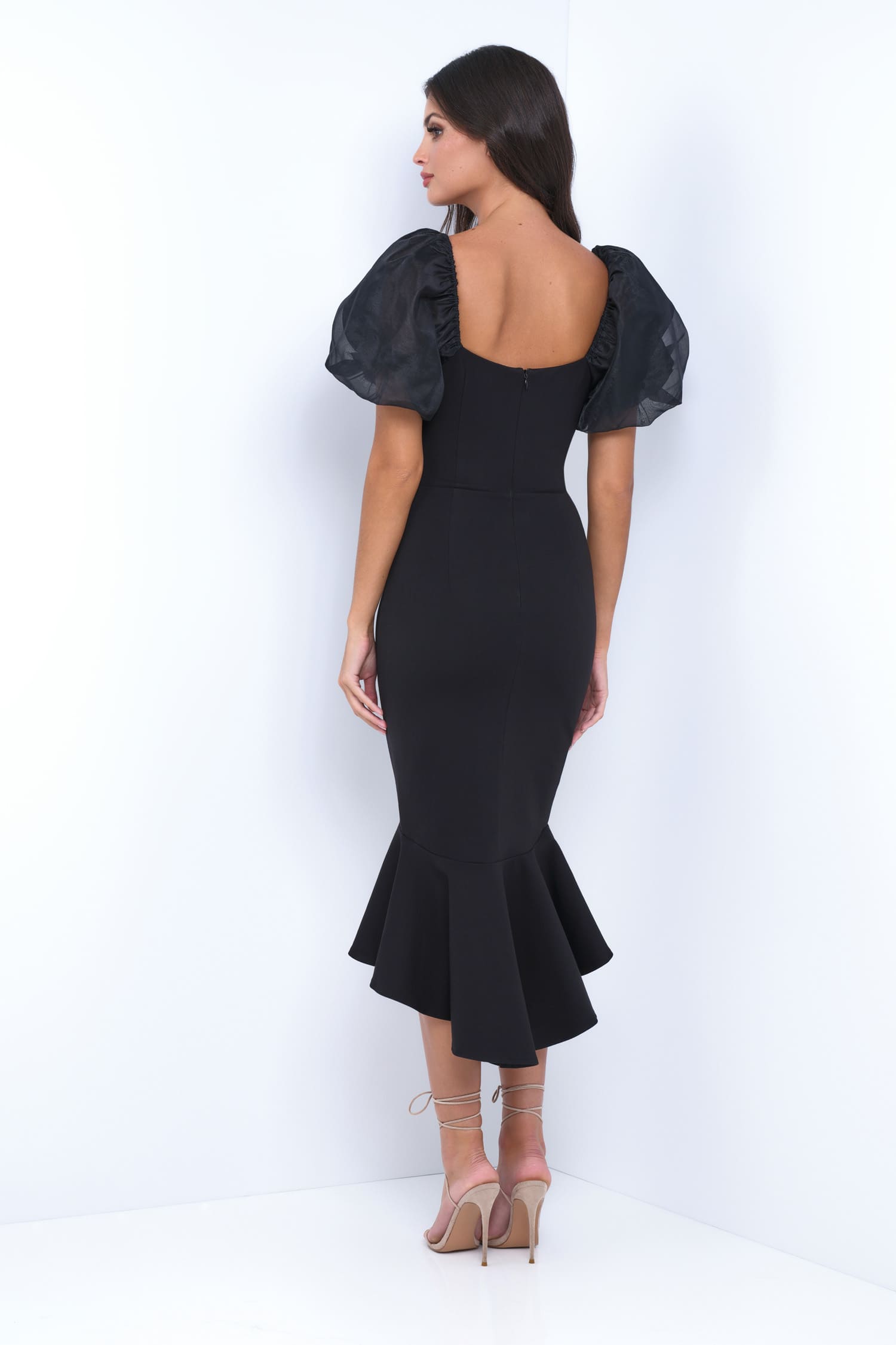 Semi-Formal Midi Party Dress with Short Sleeves Black / 14