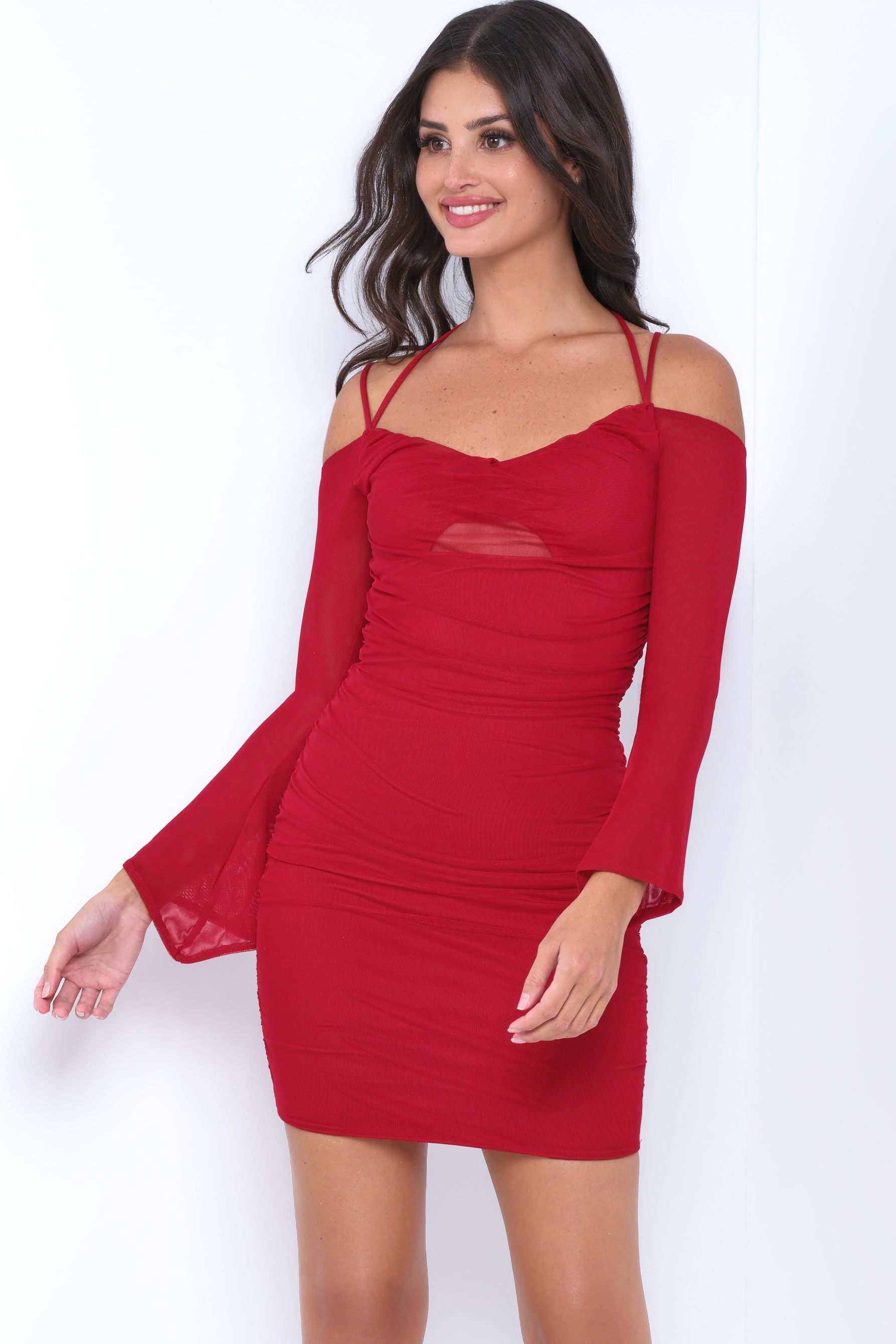 Velvi - Zoe Mini Dress - Deep Red - Long Sleeve Short Dress - Final Sale