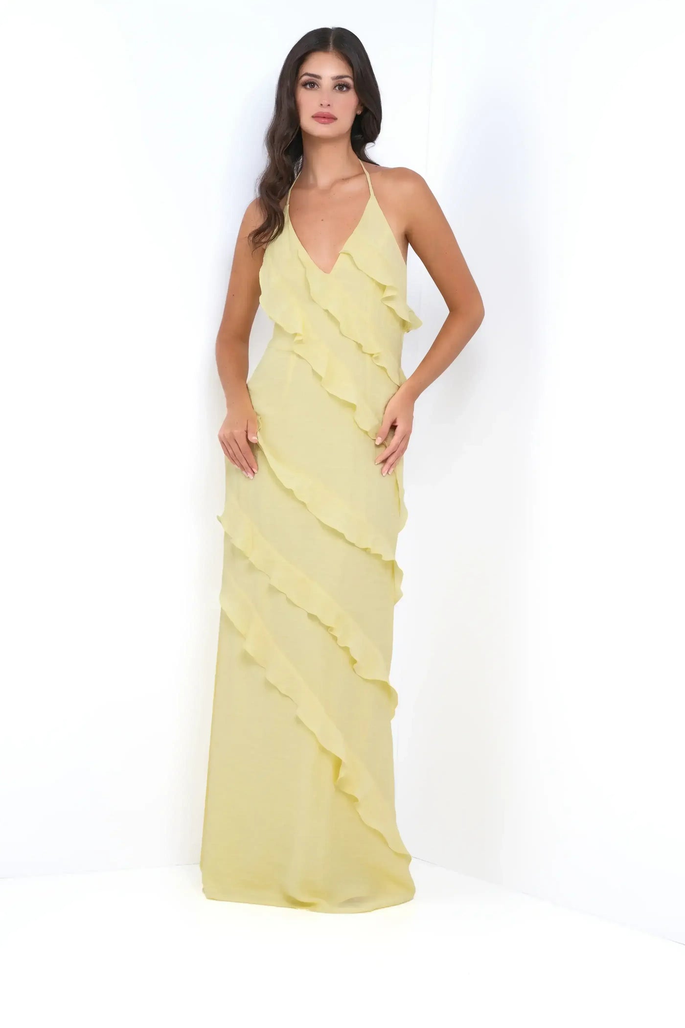Remi Yellow Maxi Dress - Halter Neck, Open Back & Ruffle Detail