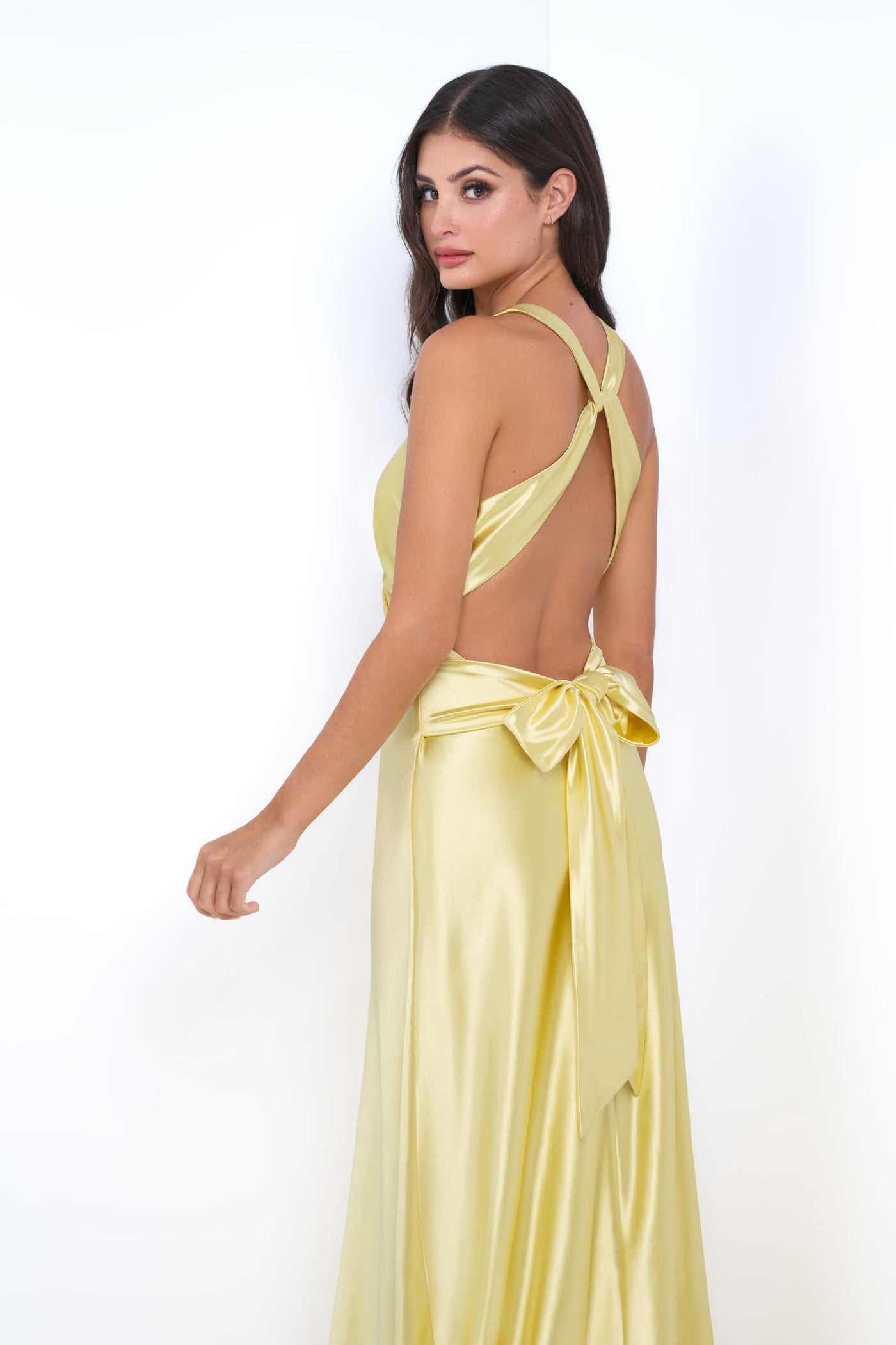 Velvi - Odette Maxi Dress - Yellow - Open Back With Adjustable Bow Tie Detail