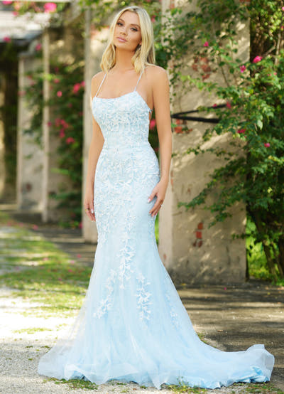 Size 10, The Dutchess Gown - Light Blue - Floral Lace Dress With Straight Neckline - FINAL SALE