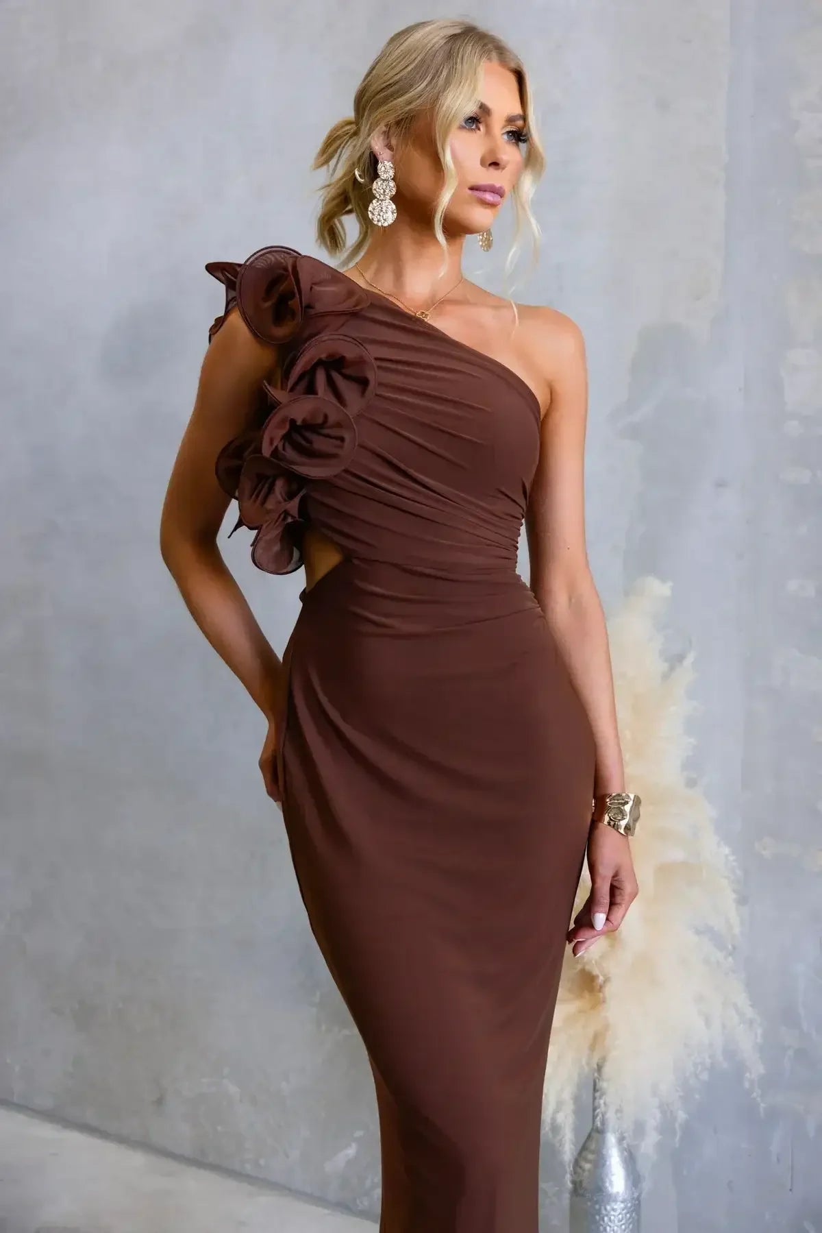 LIZBETH ONE SHOULDER MESH MAXI DRESS - BROWN