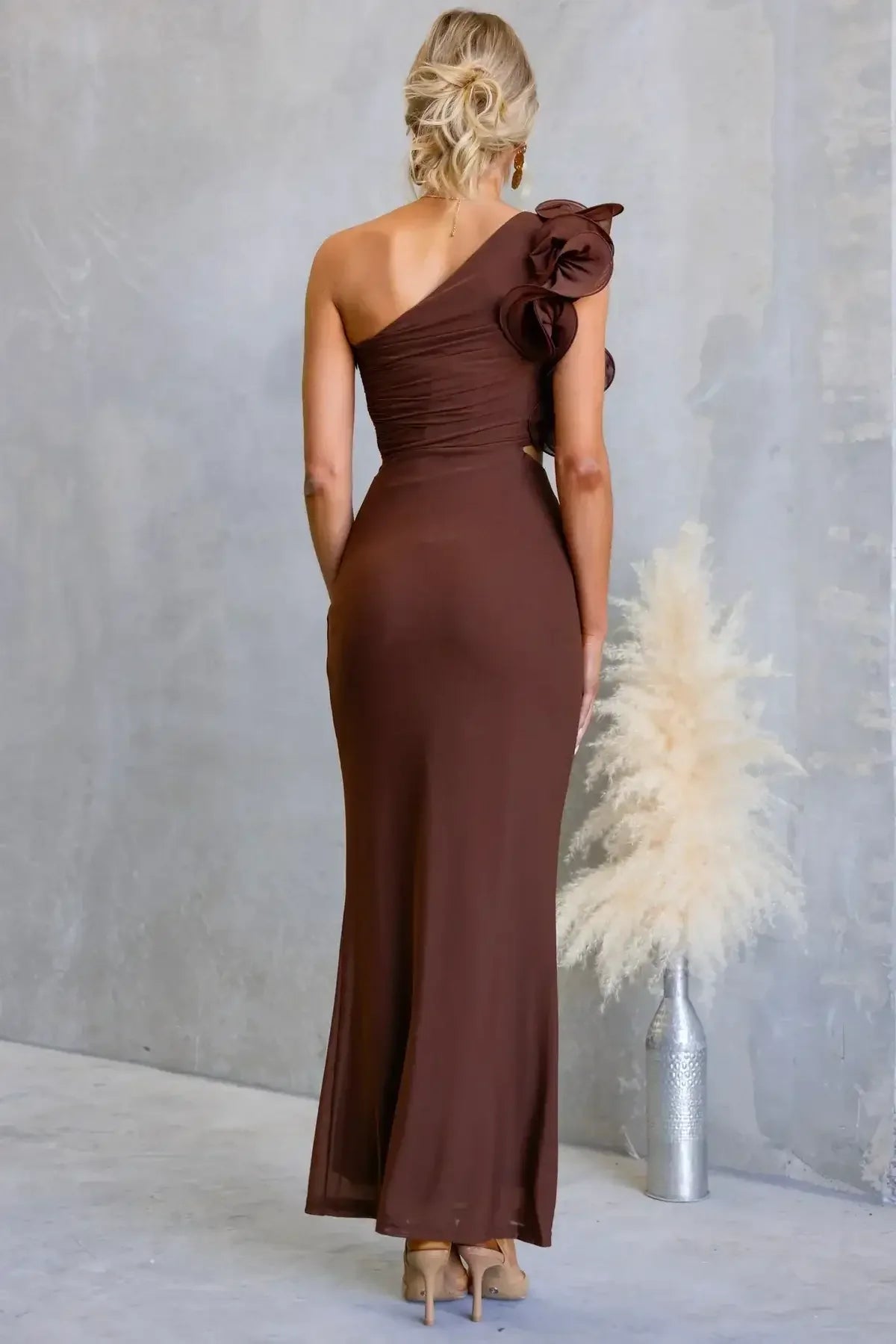 LIZBETH ONE SHOULDER MESH MAXI DRESS - BROWN