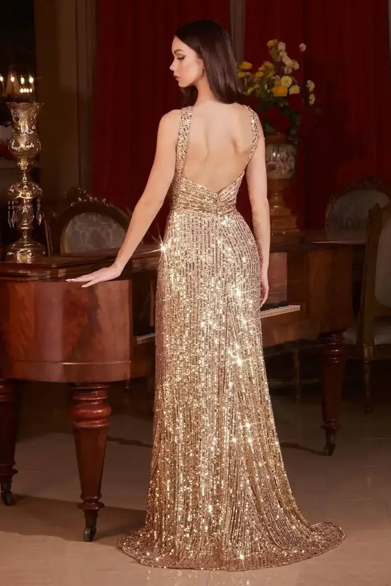 A woman wearing a sparkling gold gown stands beside a grand piano, her back facing the viewer. Rich red curtains and elegant decor create a luxurious ambiance.
