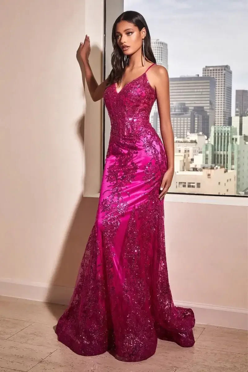 Lyra Gown - Magenta - FITTED FLORAL GLITTER PRINT CORSET GOWN