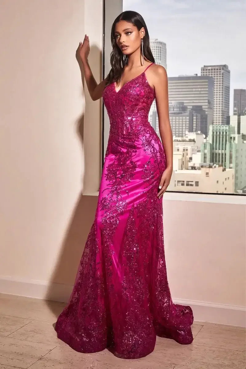 Lyra Gown - Magenta - FITTED FLORAL GLITTER PRINT CORSET GOWN